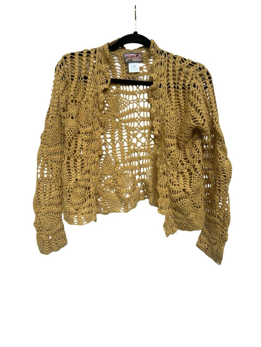 April Cornell Crochet Cardigan‎ Mustard Open Knit Boho Ramie Cotton Size S